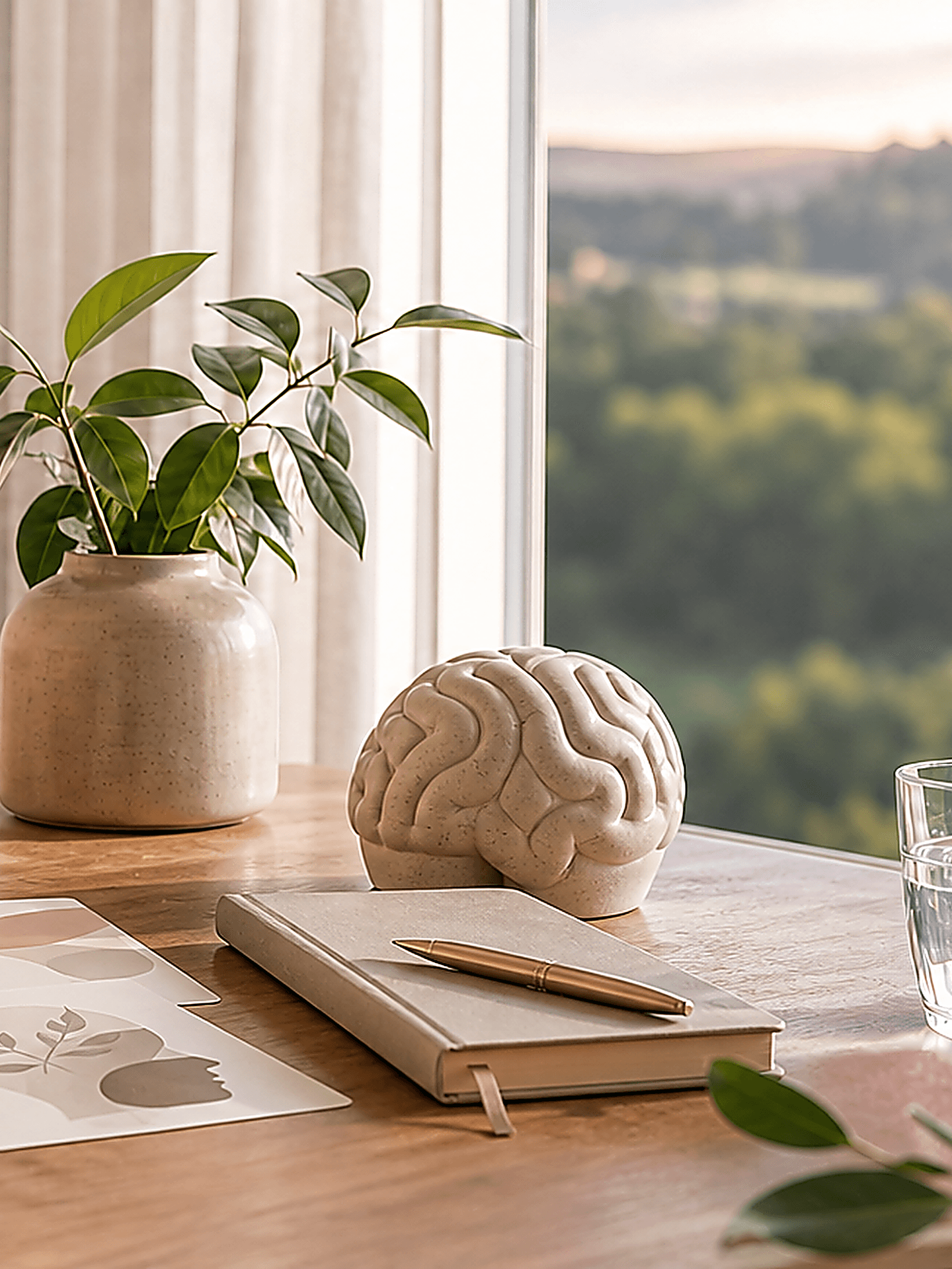 Mesa acolhedora com elementos de psicologia, caderno, cartas de reflexão e luz natural