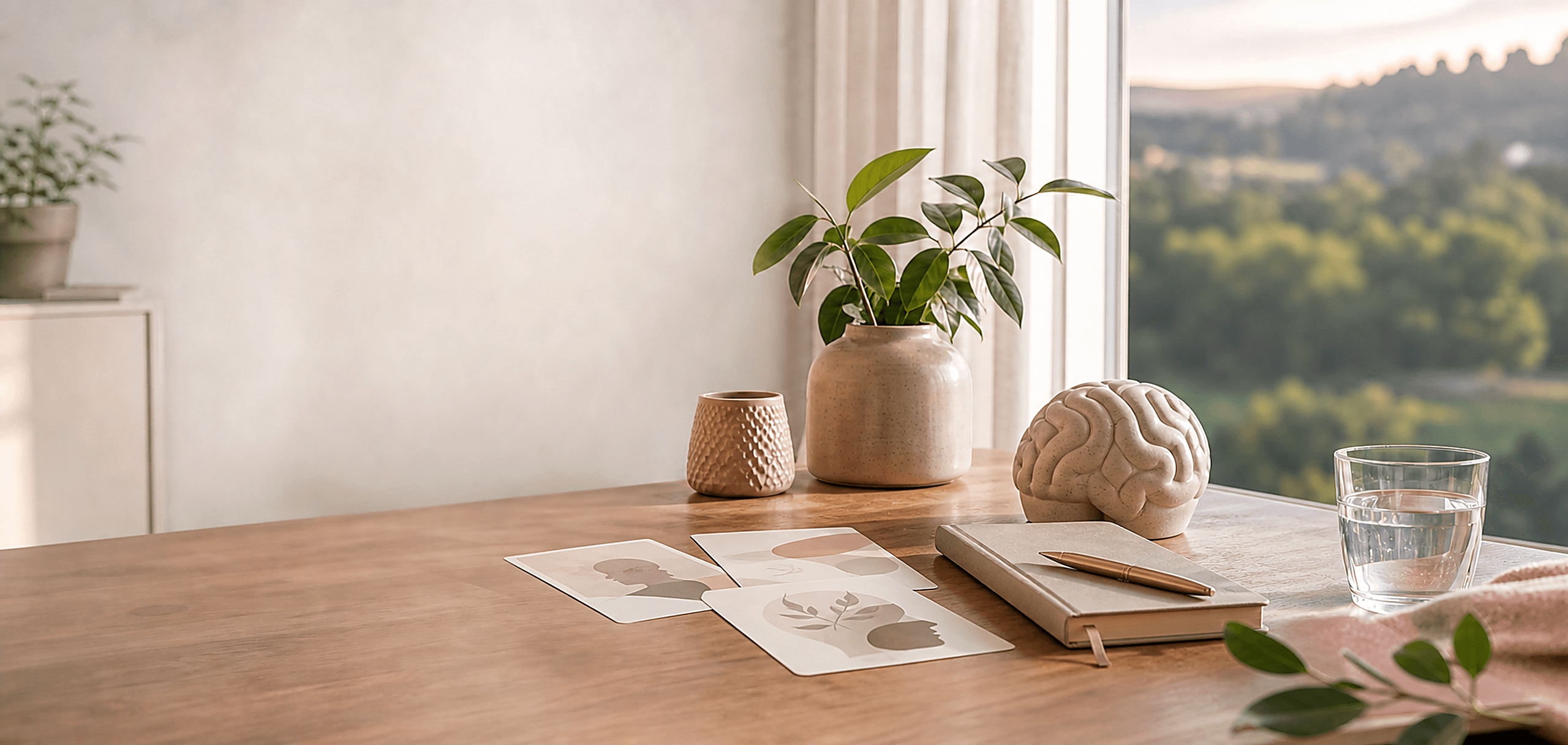 Mesa acolhedora com elementos de psicologia, caderno, cartas de reflexão e luz natural